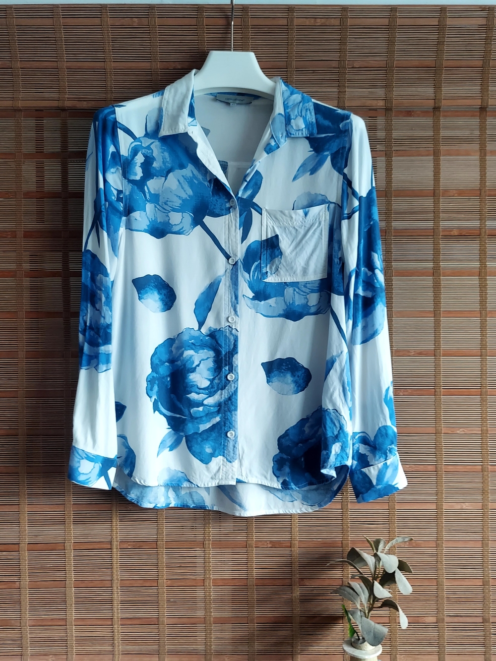 Women's White Button-Down Shirt with Blue Floral Print